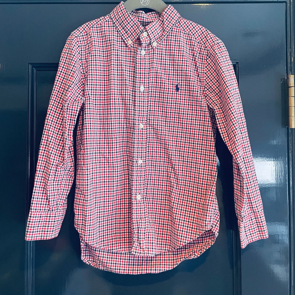 NWT Polo Ralph Lauren Boys Logo Cotton Check Buttondown Shirt Blue Red Sz 6